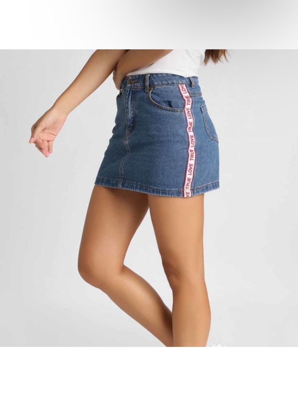 Forever 21 Junior’s Blue Denim Mini Skirt with Pink Side Tape